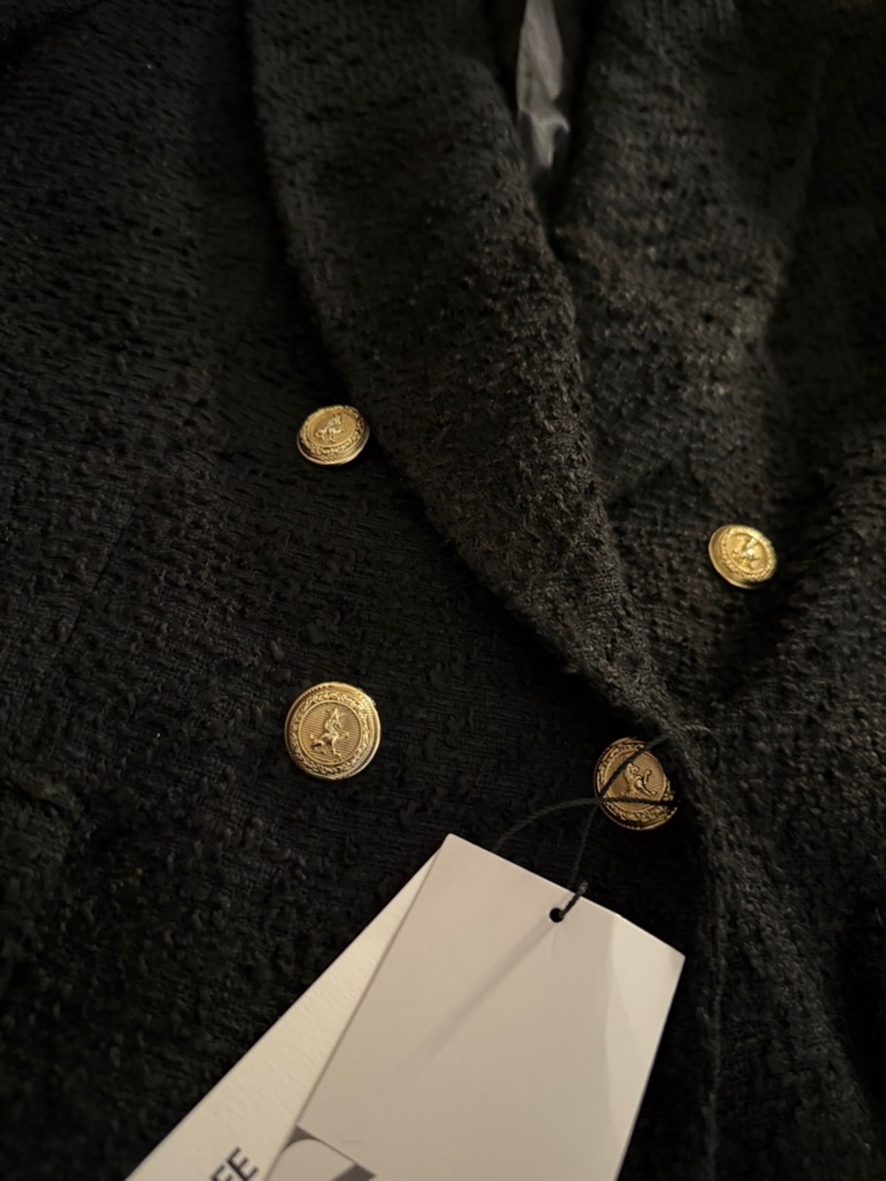 NWT Zara Black textured Tweed Double-Breasted Blazer with Gold Buttons size M - Picture 3 of 4